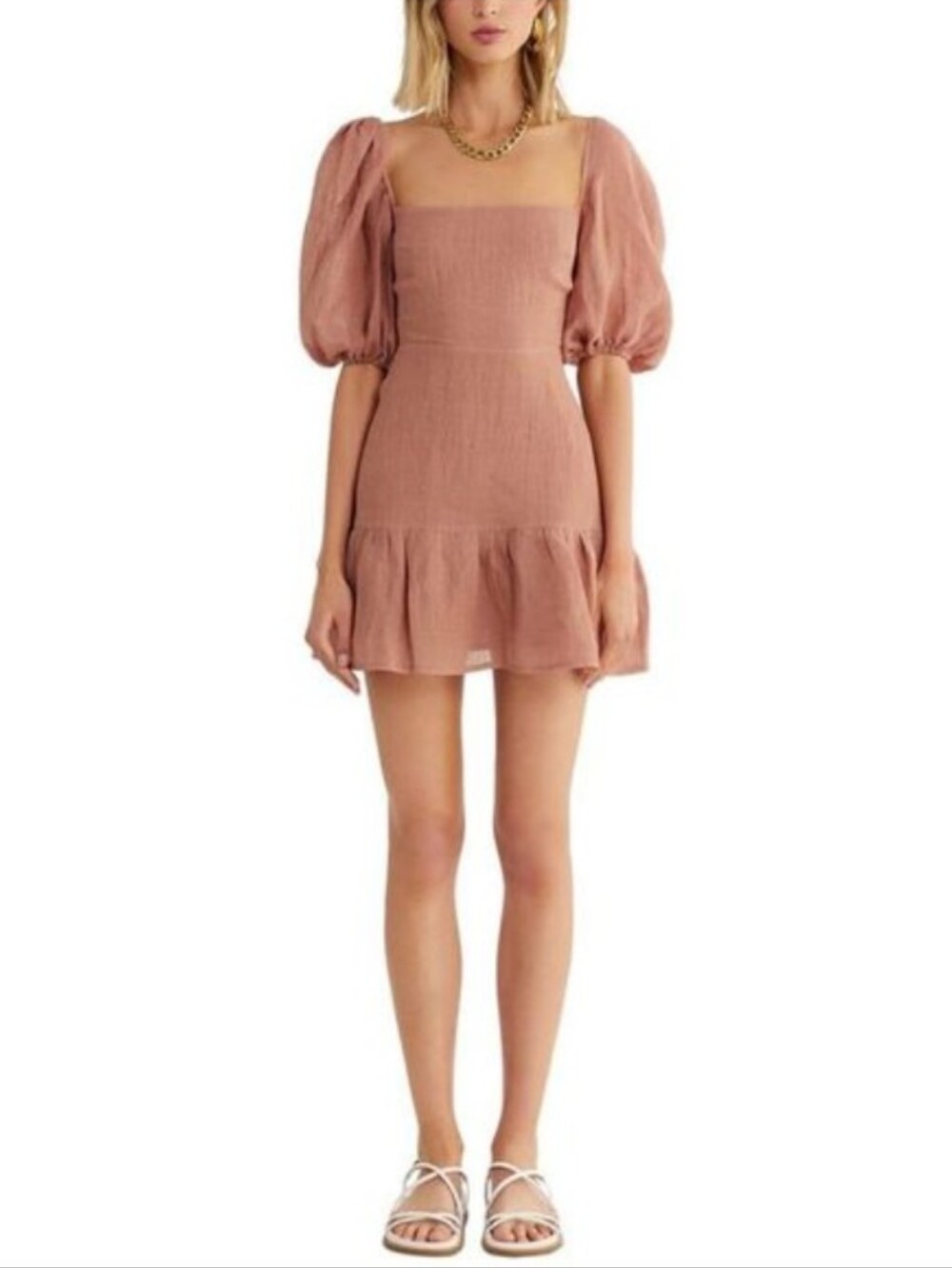 Rumer Mia Mini Linen Dress Maple Tie Back Puff Sleeve Size Medium